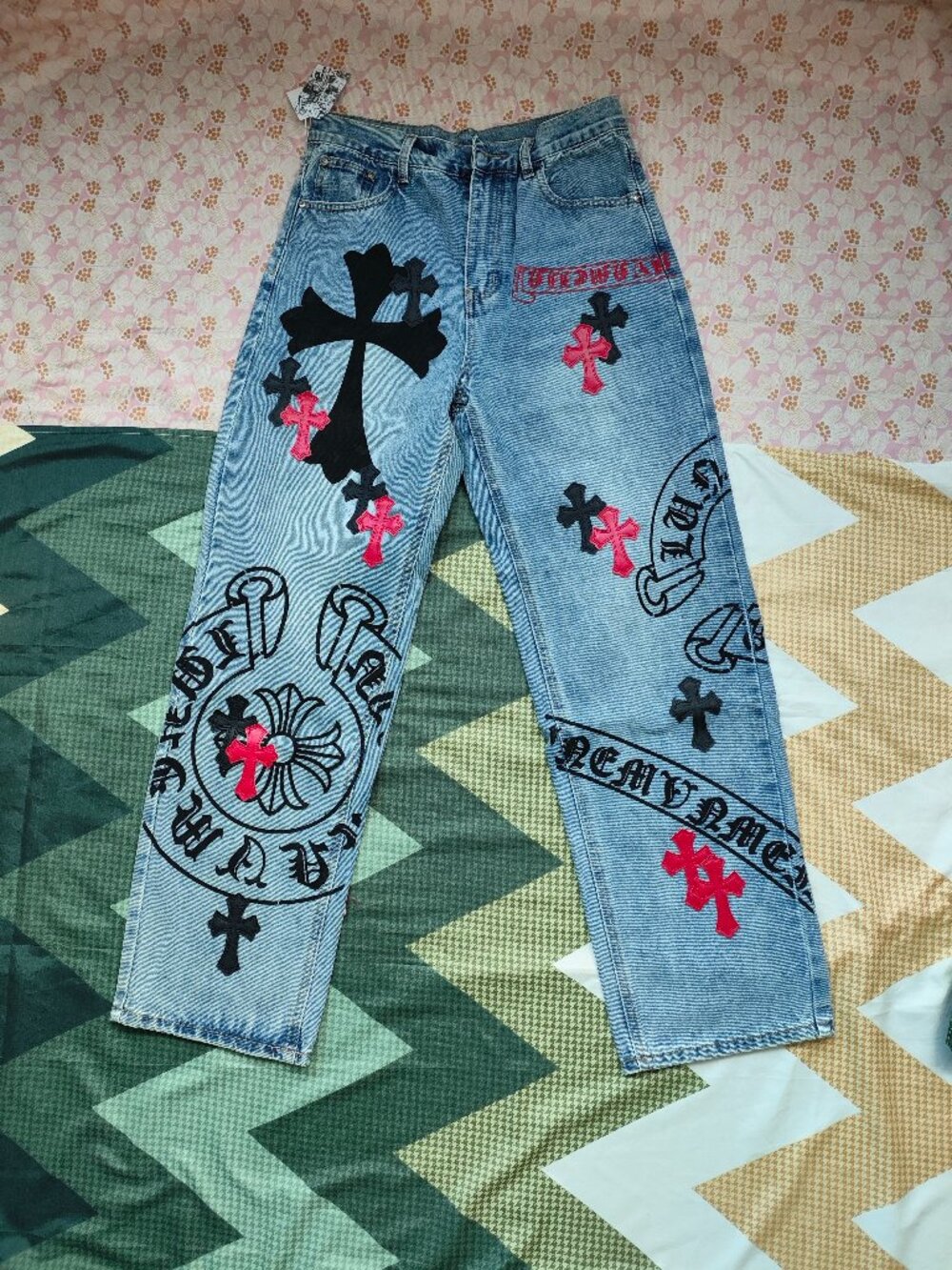 Chrome Hearts Graffiti & Leather-Paneled Cross Jeans